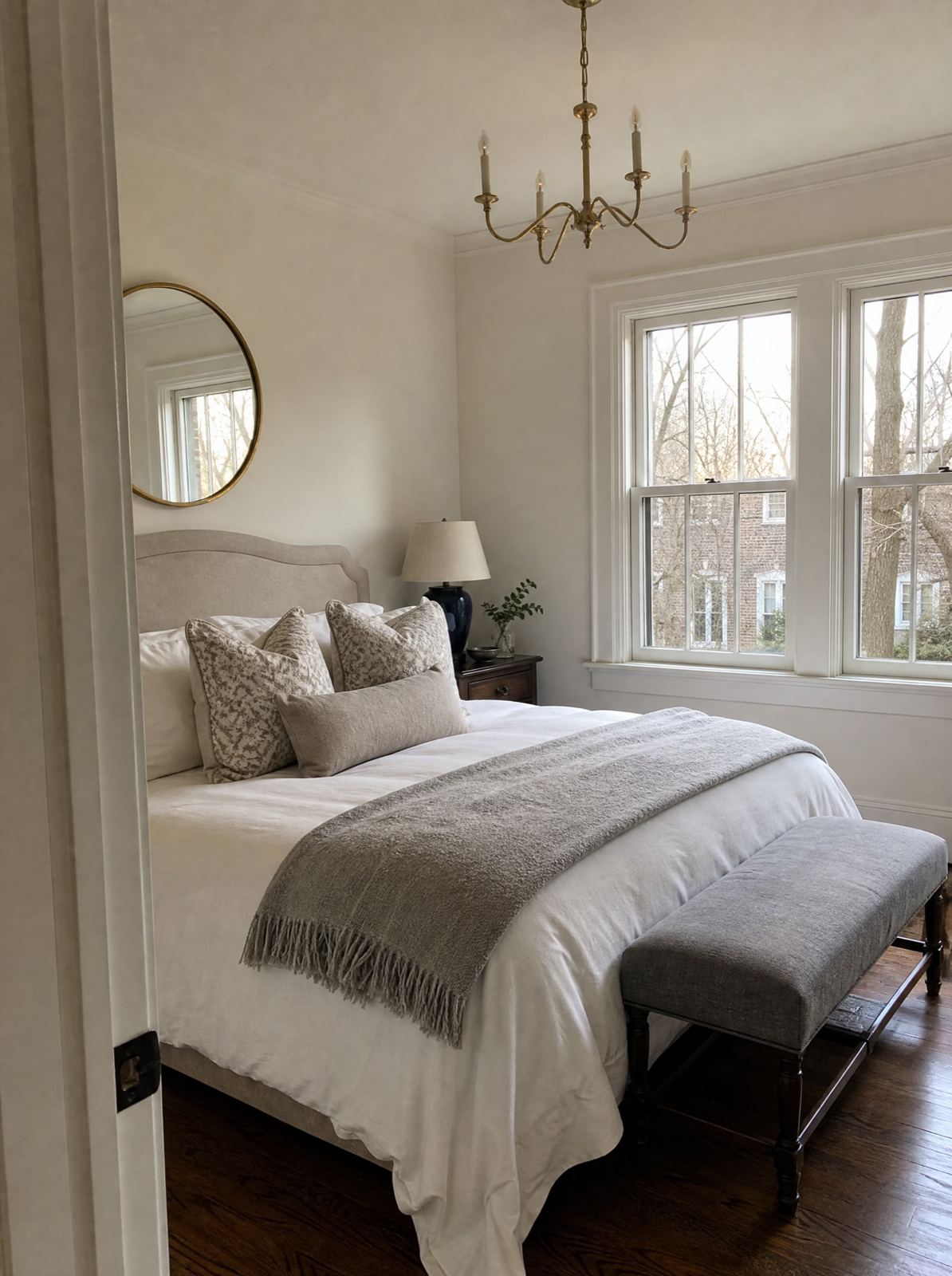 A bright bedroom with tall windows.