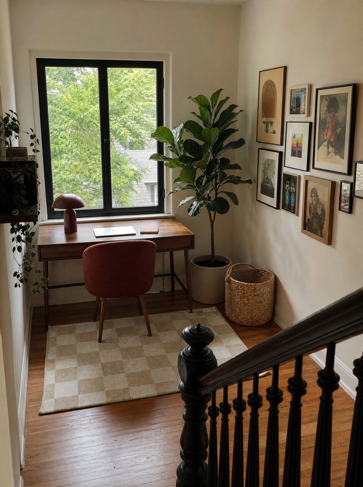 A small home office at the top of the stairs.