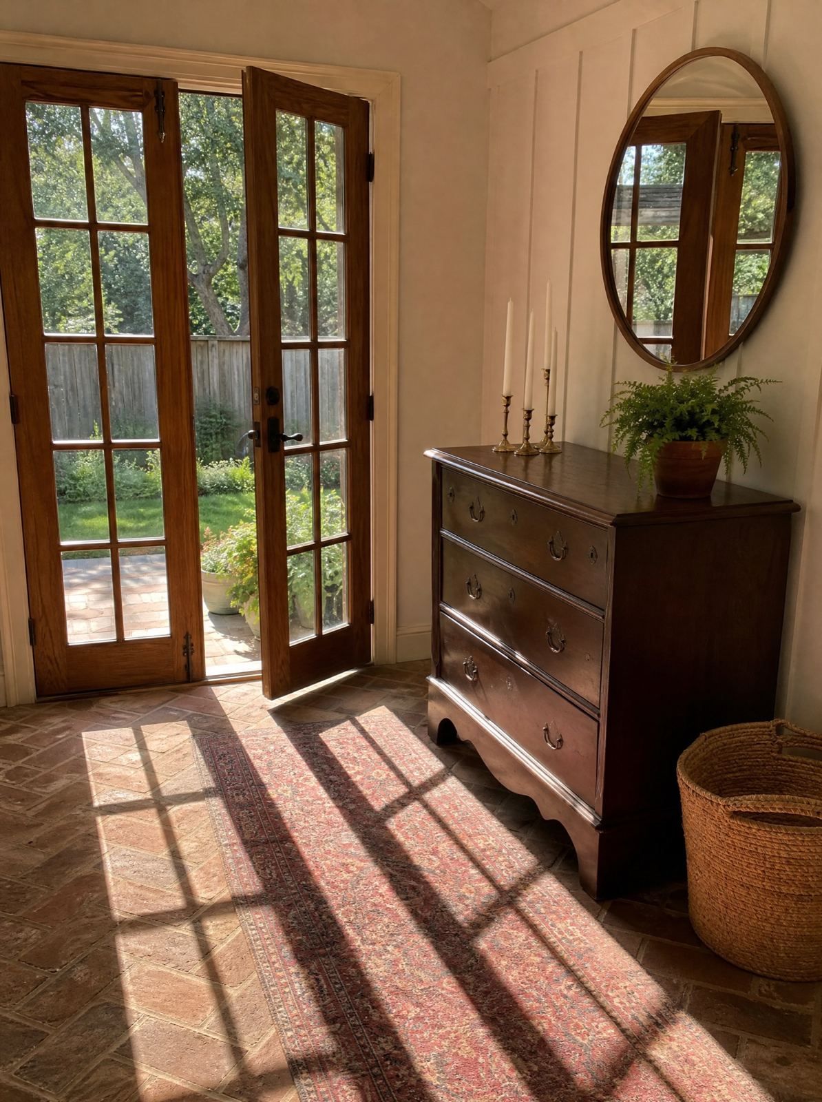Sunlight coming through open French doors.